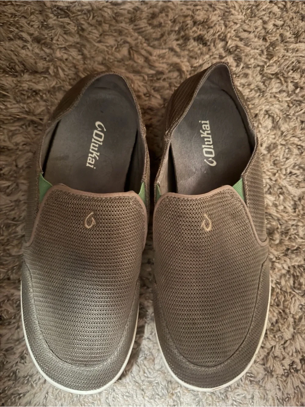 OluKai Men's Brown Mesh Slip-On Loafers with Green Accents